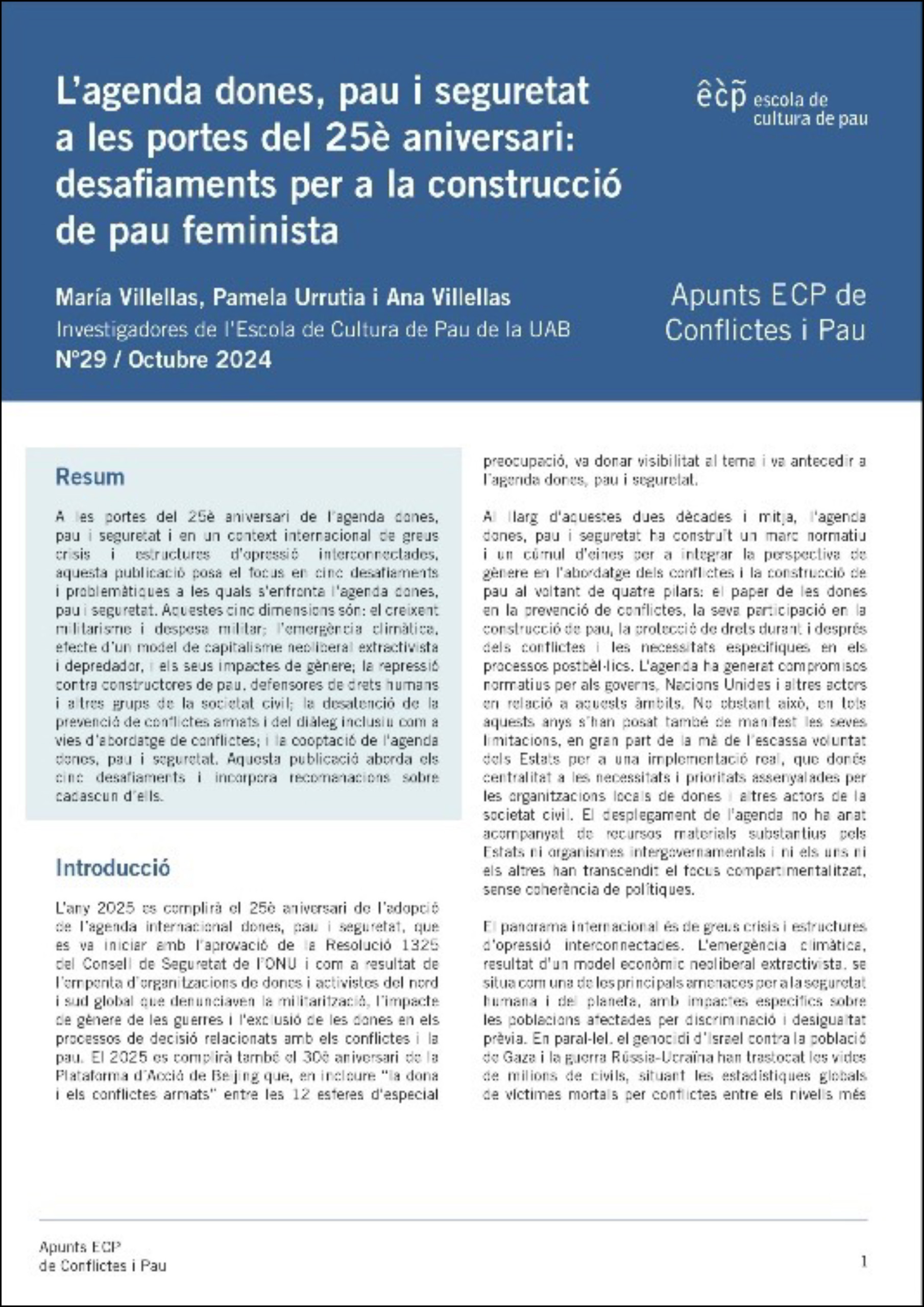 L’agenda dones, pau i seguretat a les portes del 25è aniversari: desafiaments per a la construcció de pau feminista