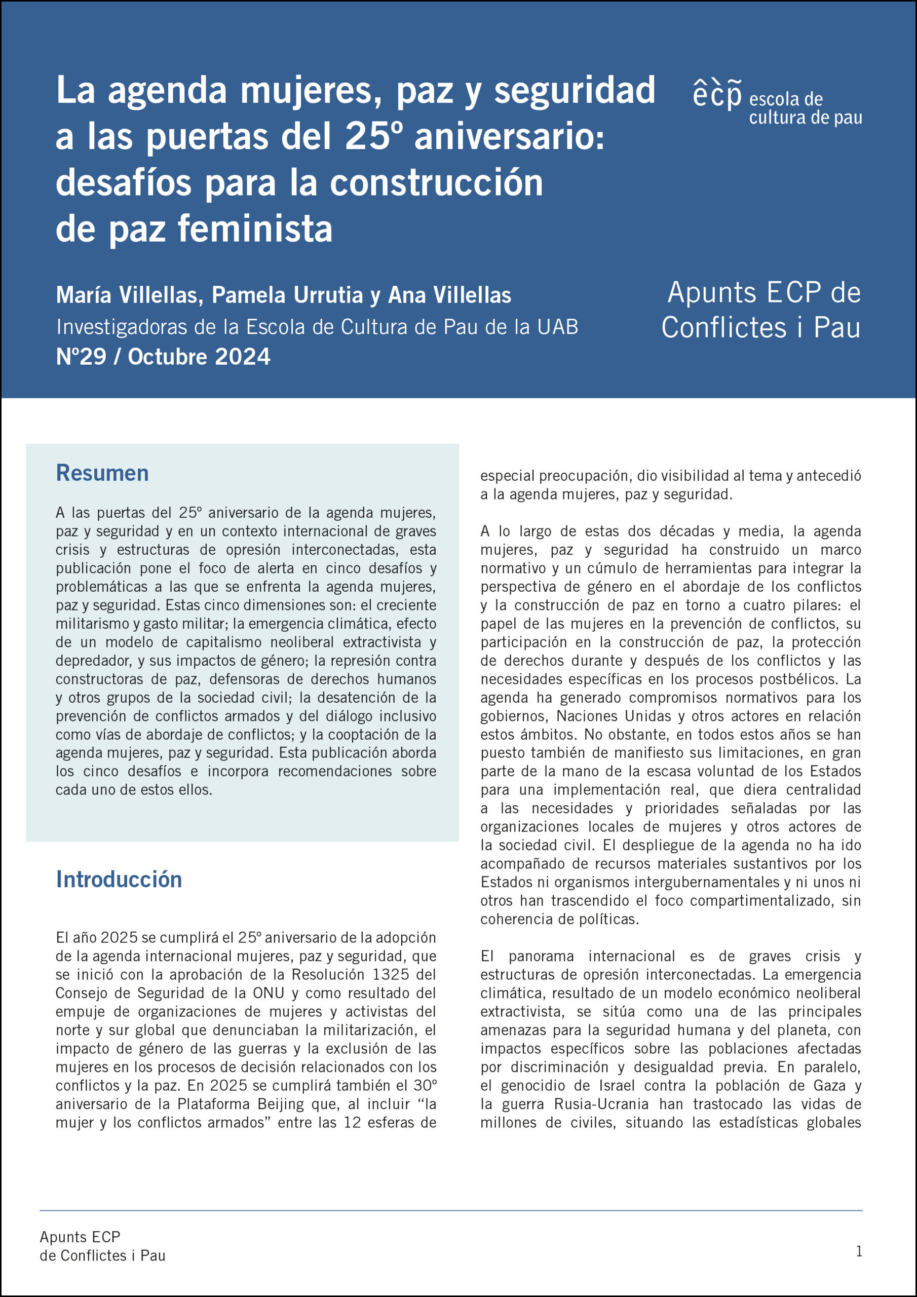 La agenda mujeres, paz y seguridad a las puertas del 25º aniversario: desafíos para la construcción de paz feminista