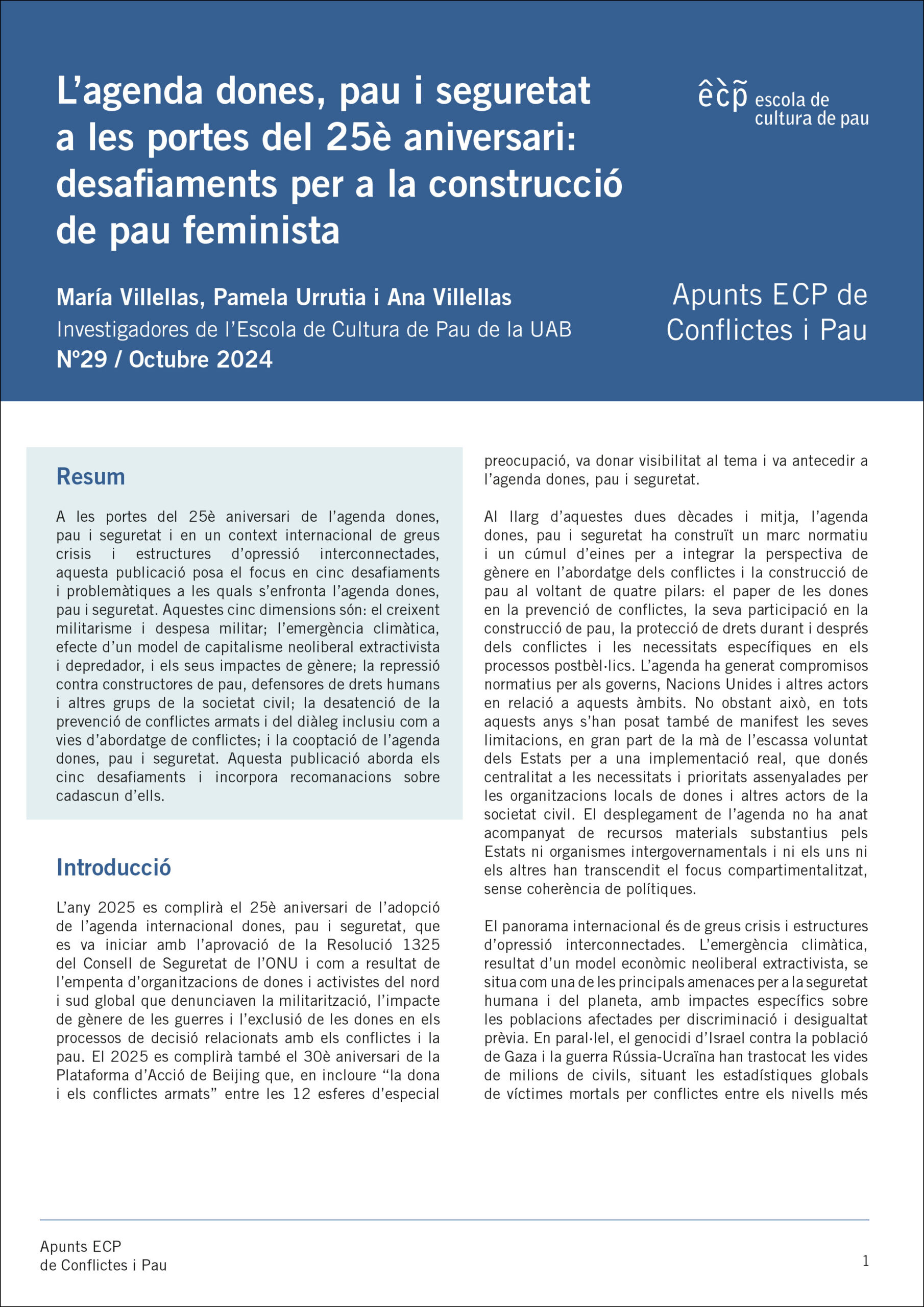 L’agenda dones, pau i seguretat a les portes del 25è aniversari: desafiaments per a la construcció de pau feminista