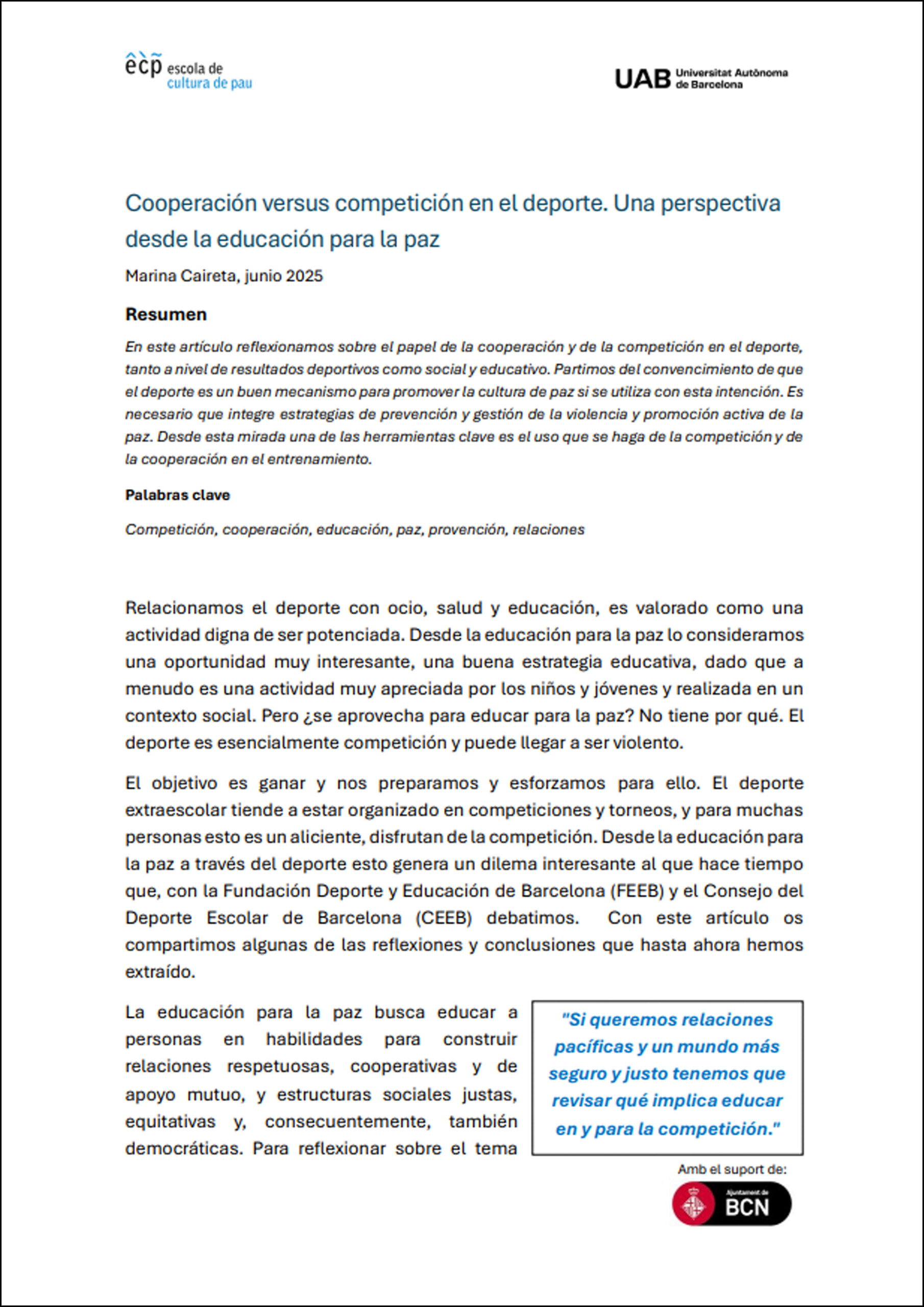 Cooperación versus competición en el deporte. Una perspectiva desde la educación por la paz