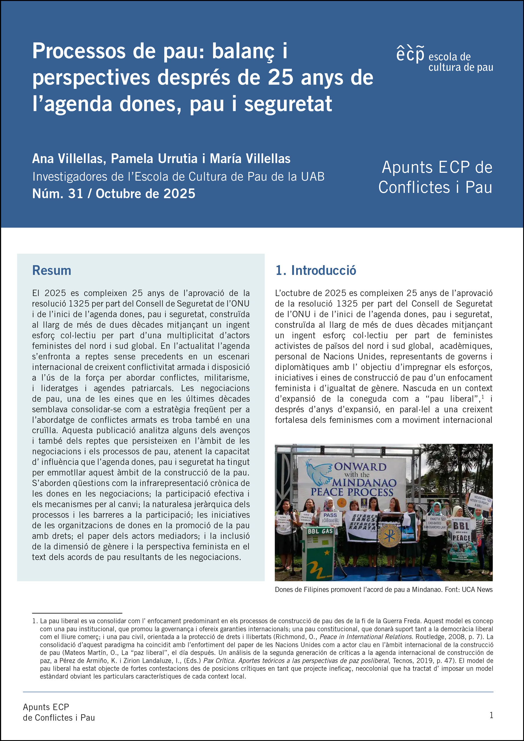 Processos de pau: balanç i perspectives després de 25 anys de l’agenda dones, pau i seguretat