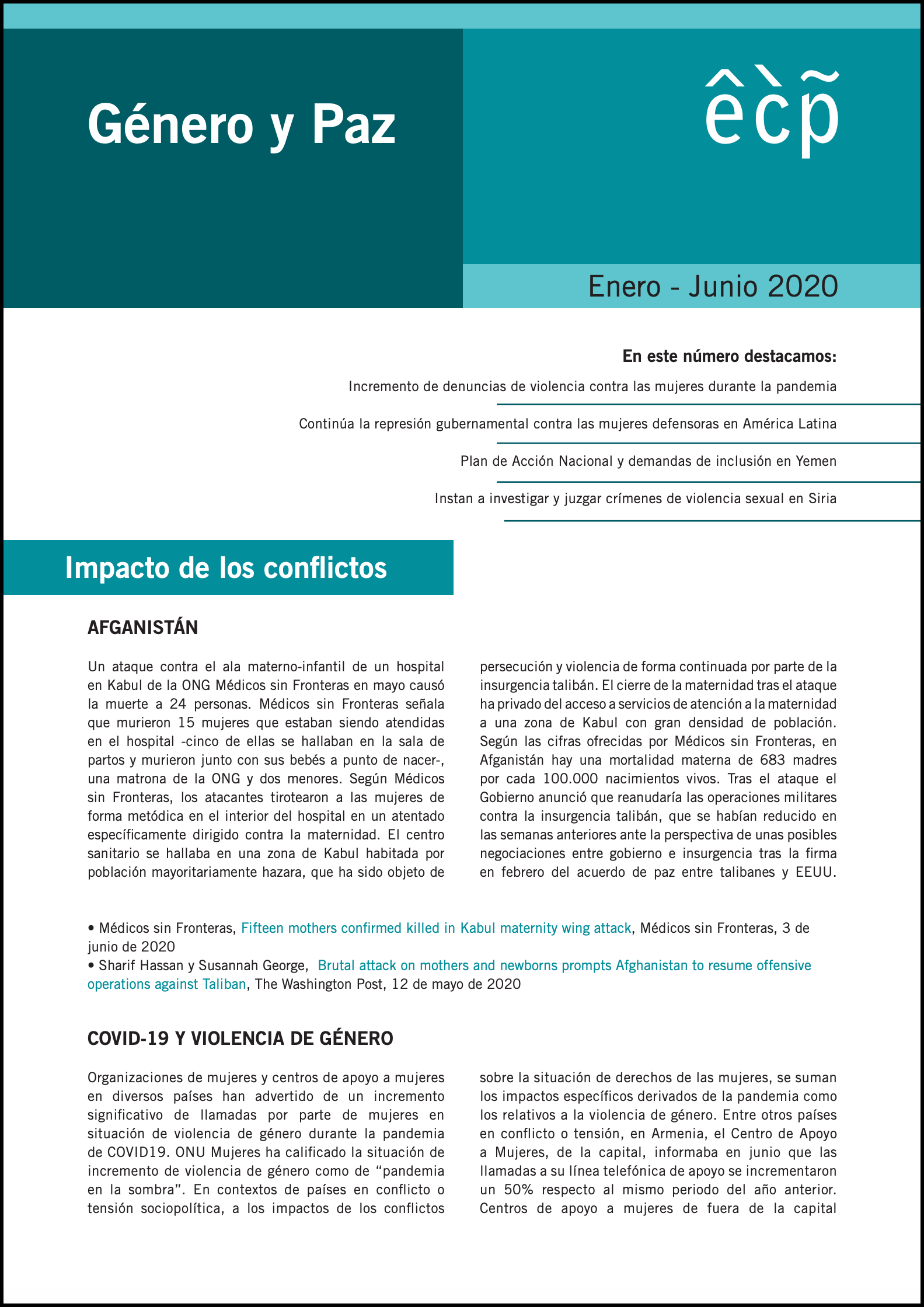 Género y Paz. Enero-Junio 2020