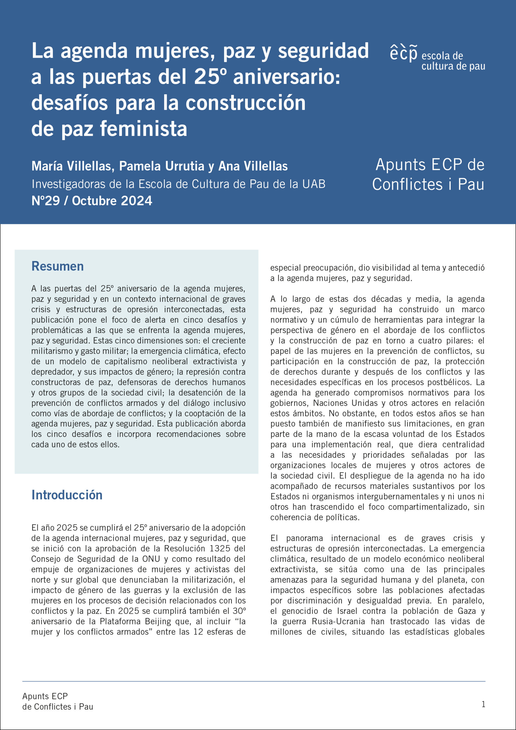 La agenda mujeres, paz y seguridad a las puertas del 25º aniversario: desafíos para la construcción de paz feminista